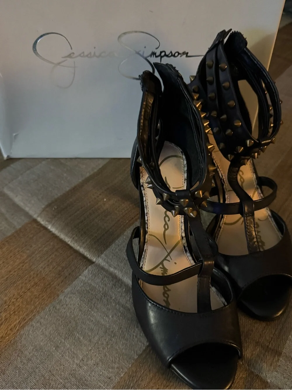 Jessica Simpson Black Open-Toe Studded Ankle-Strap Heels